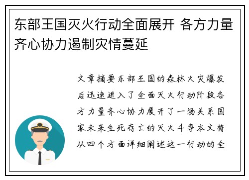 东部王国灭火行动全面展开 各方力量齐心协力遏制灾情蔓延